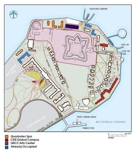 Map of Governors Island Historic District showing existing uses and available buildings